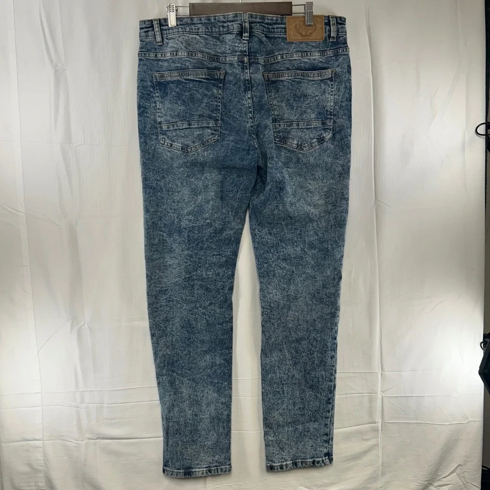 Akademiks‎ Moto Jeans Mens 38x32 Blue Acid Wash Ribbed Knee Streetwear